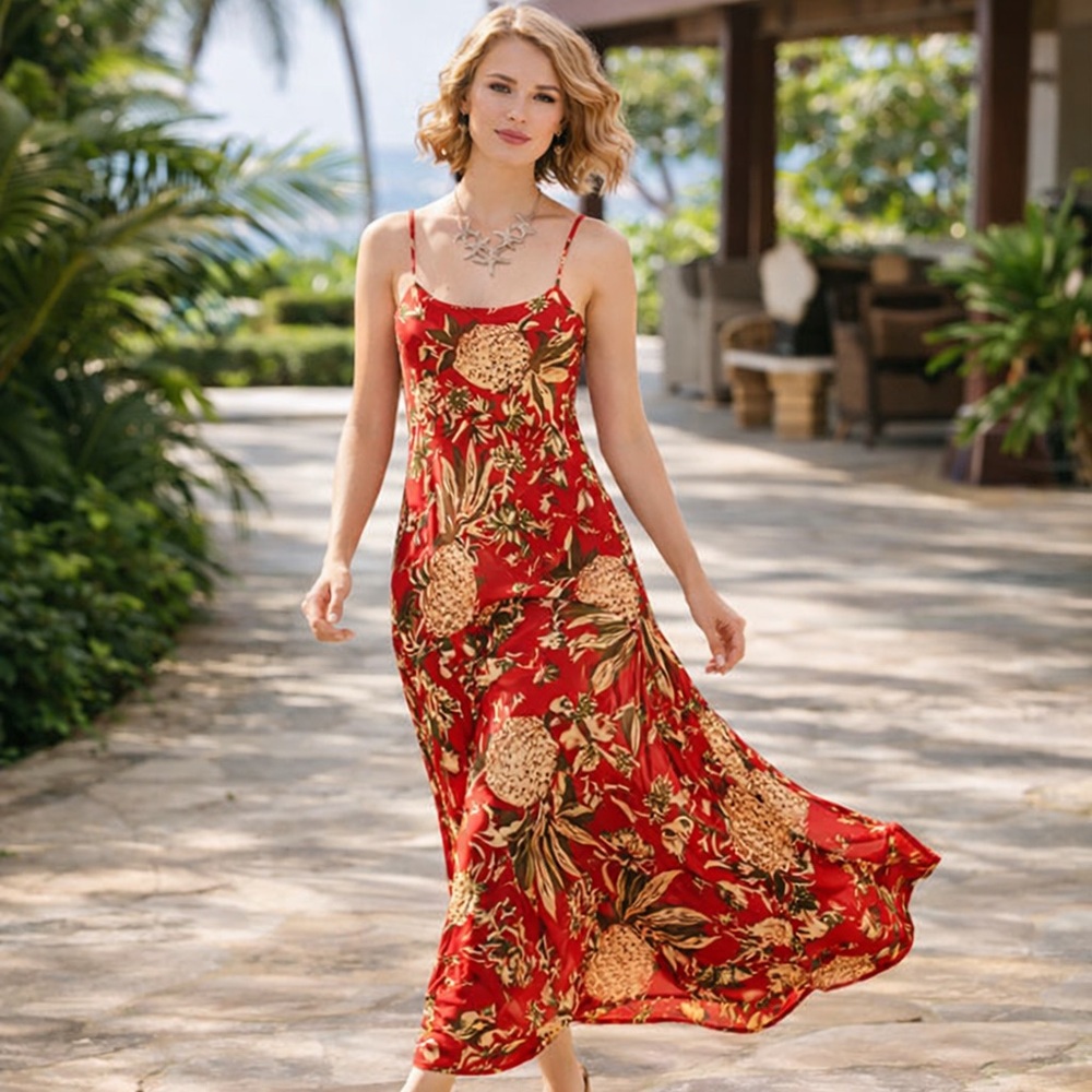 VTG, Avanti Hawaii 100% Silk Pineapple Tropical Hawaiian Slip Maxi Dress Size S